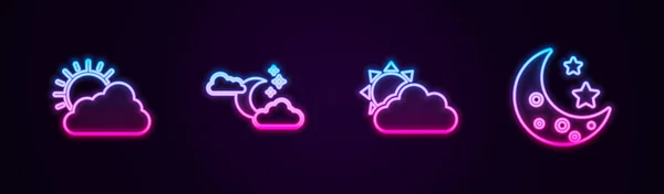 Set line Sun and cloud weather, Cloud with moon stars, and Moon. Glowing neon icon. Vector — Stock Vector