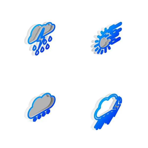 Set Isometric line Fog and sun, Cloud with rain lightning, snow and icon. Vector — Stock Vector