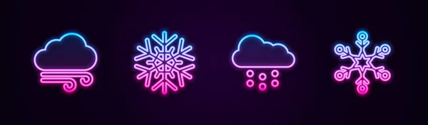 Állítsa be a vonal szeles időjárás, Hópihe, Felhő hó és. Ragyogó neon ikon. Vektor — Stock Vector