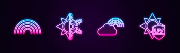 Set line Rainbow, Sun and snowflake, with cloud and UV protection. Glowing neon icon. Vector — Stock Vector