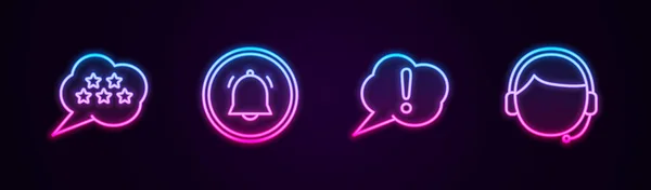 Set line Beoordeling van vijf sterren, Button chat notificatie, Uitroep van de spraakzeepbel en Man met headset. Een gloeiend neon icoon. Vector — Stockvector