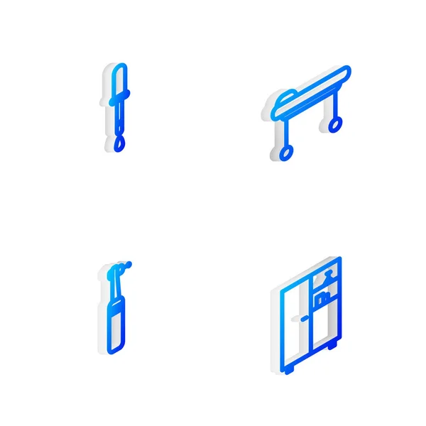 Nastavte ikonu Isometric line Stretcher, Pipette, Tooth drill a Medicine cabinet. Vektor — Stockový vektor