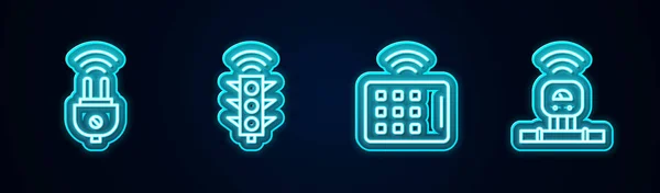 Définir la ligne Prise électrique intelligente, feu de circulation, tablette sans fil et capteur. Icône lumineuse au néon. Vecteur — Image vectorielle