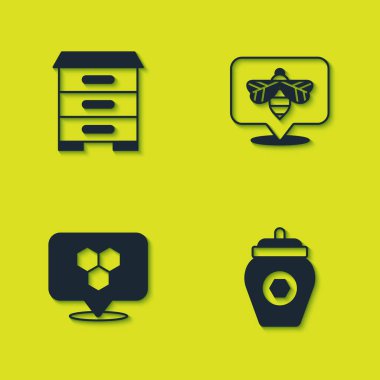 Arılar için Kovan 'ı, bal kavanozunu, bal peteğinin yerini ve arı simgesini ayarla. Vektör