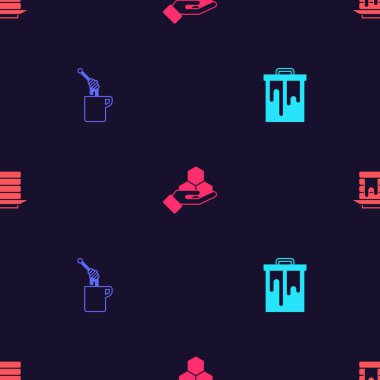 Bal peteği, ballı dipper çubuğu, ve el ve krep yığınını kusursuz desene ayarlayın. Vektör