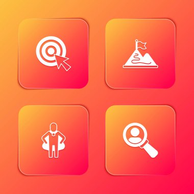 Hedef ok, dağ bayrağı, kafa avı ve büyüteç ile arama simgesi oluşturun. Vektör