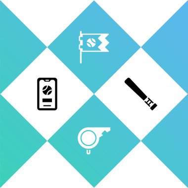 Beyzbol topu, ıslık, bayrak ve beysbol sopası ikonu ile Mobil 'i ayarlayın. Vektör