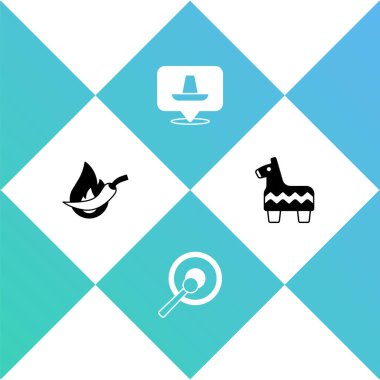 Hot chili biber kabuğu, Gong, Meksika sombrero ve Pinata ikonu hazırla. Vektör