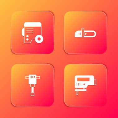 Elektrik jeneratörü, elektrikli testere, inşaat matkabı ve elektrikli yapboz ikonu ayarlayın. Vektör