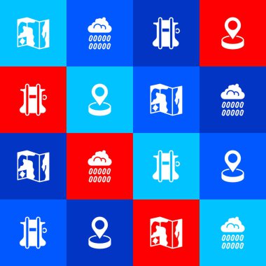 Dünya haritası, yağmurlu bulut, paraşüt ve konum simgesi ayarlayın. Vektör