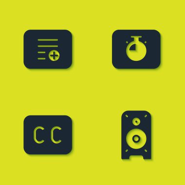 Çalma listesine Ekle, Stereo hoparlörü, Altyazılar ve Stopwatch simgesine ekle. Vektör