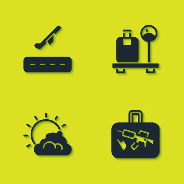 Set Avión despegue, maleta, sol y nube clima y escala con icono de la maleta. Vector — Vector de stock