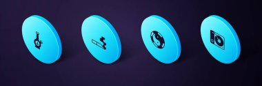 Isometric Vinil player, Yin Yang sembolü, Sigara ve Bong simgesi ayarla. Vektör