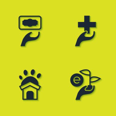 Bağışları ve hayırseverliği ayarlayın, Yaprak elinizde, Hayvan barınağı ve haç ikonlu Kalp. Vektör