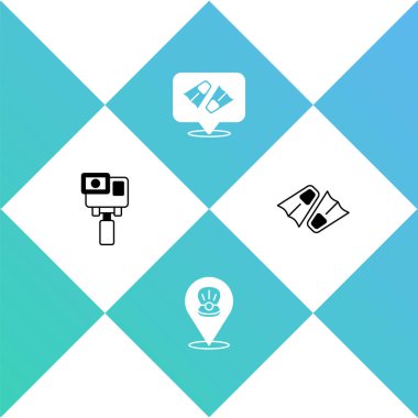 Aksiyon ekstrem kamerası, deniz kabuğu, yüzme ve ikon için yüzgeçler ayarlayın. Vektör