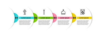 Hristiyan haçı, yanan mum, kilise kulesi ve Yahudi takvimi. Ticari bilgi şablonu. Vektör