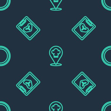 Chef 'in şapkasını yeri, restoran kafe menüsü ve kusursuz desenli tabağı ile ayarla. Vektör