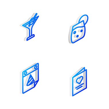 Isometric hattını ayarla Kokteyl, Martini bardağı, takvim partisi ve kalp ikonlu kartpostal. Vektör