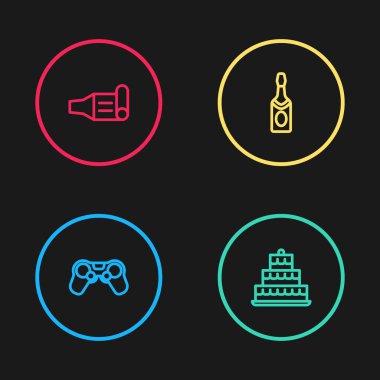 Hat çizgisi Gamepad, yanan mumlu pasta şampanya şişesi ve doğum günü kornosu ikonu. Vektör