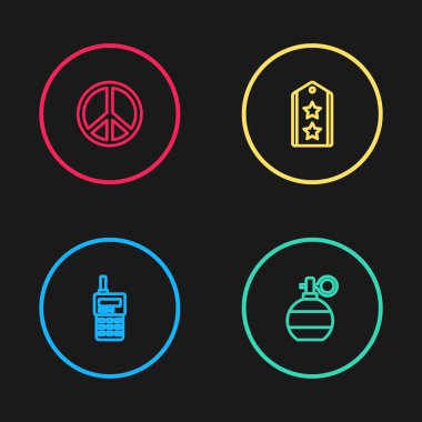 Telsiz hattı, el bombası, askeri rütbe ve barış simgesi. Vektör