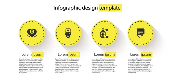 Set Doação e caridade, Médico masculino, pílulas garrafa de medicina e Envelope com coração. Modelo de infográfico de negócios. Vetor — Vetor de Stock