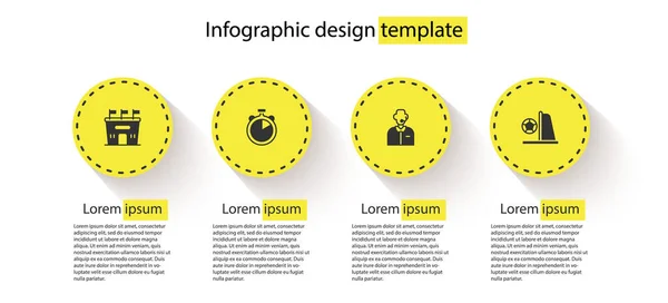 Definir estádio de futebol, cronômetro, ou comentarista de futebol e gol com. Modelo de infográfico de negócios. Vetor — Vetor de Stock