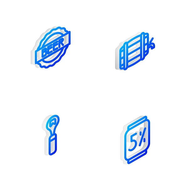 Set Isometrische Linie Holzfass auf Regal, Flaschenverschluss mit Bier, Dosenöffner und Bierdosensymbol. Vektor — Stockvektor