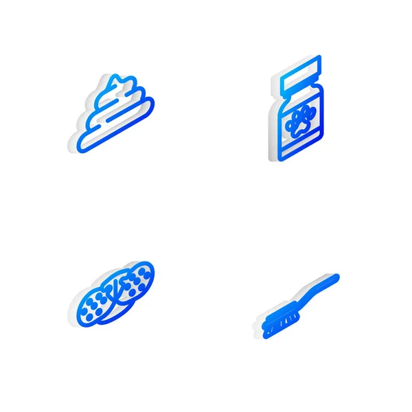 Set Isometric line Medicine bottle and pills, Shit, Cat nose and Hair brush for dog cat icon. Vector —  Vetores de Stock