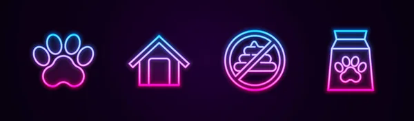 Set line Paw print, Dog house, No shit and Bag of food for pet. Glowing neon icon. Vector — Image vectorielle