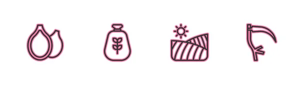 Set line Pumpkin seeds, Agriculture wheat field, Bag of flour and Scythe icon. Vector — Vettoriale Stock