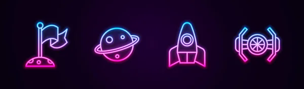 Ustaw linię Księżyc z flagą, Planeta Saturn, Statek rakietowy i Kosmiczny. Świecąca neonowa ikona. Wektor — Wektor stockowy