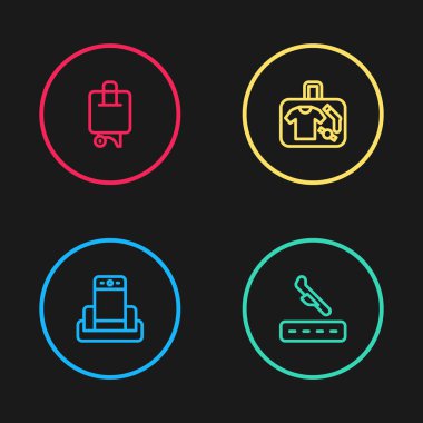 Metal detektörü havaalanına, uçak inişine, bavula ve ikona ayarlayın. Vektör