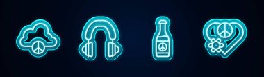 Barış bulutu, kulaklıklar, bira şişesi ve aşk barışı. Parlayan neon ikonu. Vektör