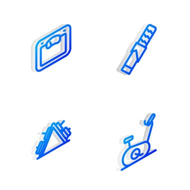 Isometric hattı Protein spor barı, banyo terazisi, ağırlıklı metal raf ve durağan bisiklet ikonu. Vektör