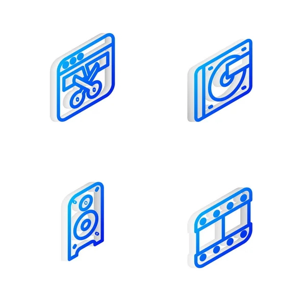 Réglez Lecteur vinyle Isometric line avec disque vinyle, enregistreur vidéo ou éditeur, haut-parleur stéréo et icône Lecture vidéo. Vecteur — Image vectorielle