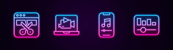 Ställ in linje Videobandspelare eller redaktör, Online spela upp video, Musikspelare och equalizer. Glödande neonikon. Vektor — Stock vektor