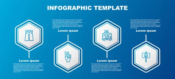 Definir linha Jeans de largura, símbolo de paz, Hippie van campista e. Modelo de infográfico de negócios. Vetor — Vetor de Stock