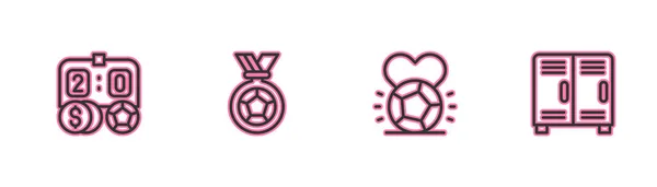 Setzen Sie die Linie Fußball-Wettgeld, Fußball-Fußball oder Fußball-Medaille und Umkleidekabinen-Symbol. Vektor — Stockvektor