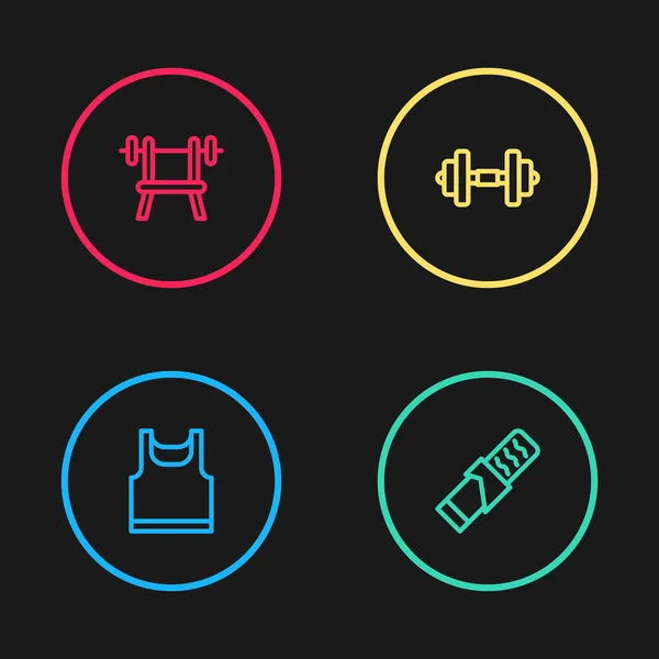 Set line Camiseta sin mangas, Protein sport bar, Dumbbell y Bench con icono de barra. Vector — Vector de stock