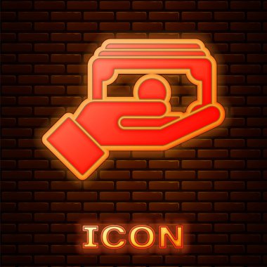 Parlayan neon yığını kağıt para, el resmi, tuğla duvar arkasında izole edilmiş. Sigorta konsepti. Para desteleri. Para birimi. Vektör.