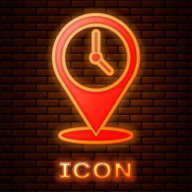 Duvarda izole edilmiş saat simgesi ile parlayan neon konumu. Vektör