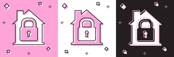 Definir casa sob o ícone de proteção isolado em rosa e branco, fundo preto. Casa e fechadura. Protecção, segurança, segurança, protecção, conceito de defesa. Vetor —  Vetores de Stock