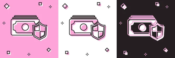 Conjunto de dinero con icono de escudo aislado en rosa y blanco, fondo negro. Concepto de seguro. Seguridad, seguridad, protección, concepto de protección. Vector. — Vector de stock