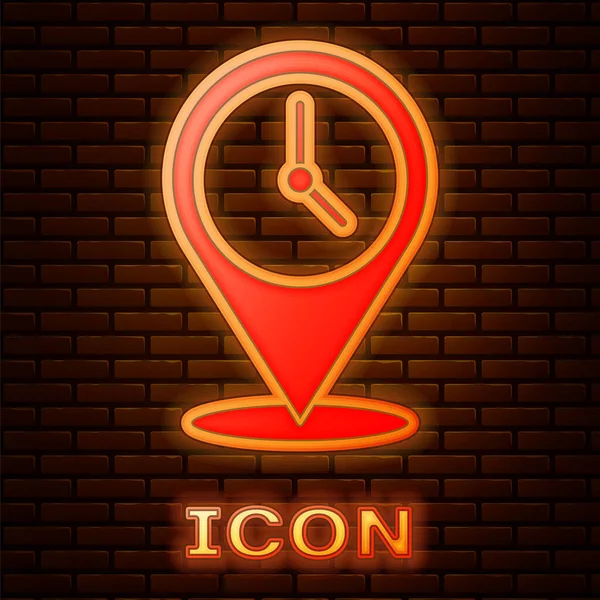 Glowing neon Location with clock icon isolated on brick wall background. Vector — Stock Vector