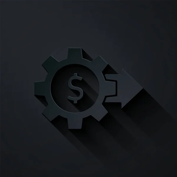 Ingranaggio con icona simbolo dollaro isolato su sfondo nero. Business e finanza icona concettuale. Stile cartaceo. Vettore — Vettoriale Stock