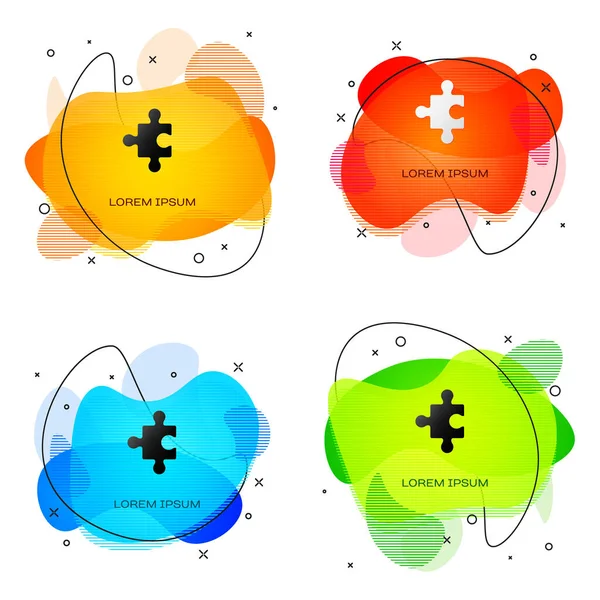 Svart bit av pussel ikon isolerad på vit bakgrund. Företag, marknadsföring, finans, layout, infografik, internet koncept. Abstrakt banner med flytande former. Vektor — Stock vektor