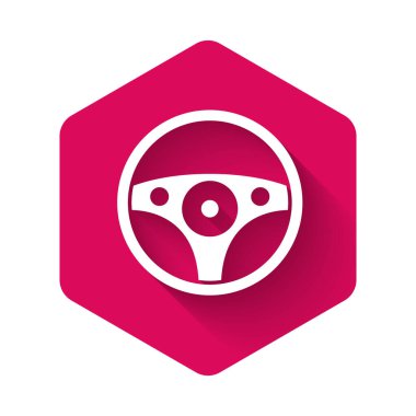 Beyaz direksiyon simgesi uzun gölge arkaplanı ile izole edildi. Araba tekeri ikonu. Pembe altıgen düğmesi. Vektör