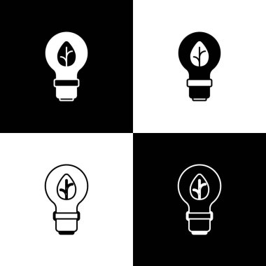 Siyah ve beyaz arkaplanda yaprak simgesi olan ampulü ayarla. Çevre enerjisi kavramı. Alternatif enerji kavramı. Vektör