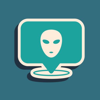 Yeşil Uzaylı simgesi yeşil arkaplanda izole edildi. Uzaylı yüzü ya da kafa sembolü. Uzun gölge tarzı. Vektör