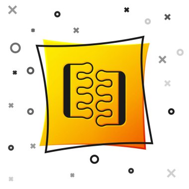 Beyaz zemin üzerinde izole edilmiş pedikür simgesi için siyah ayak parmağı ayırıcısı. Sarı kare düğme. Vektör